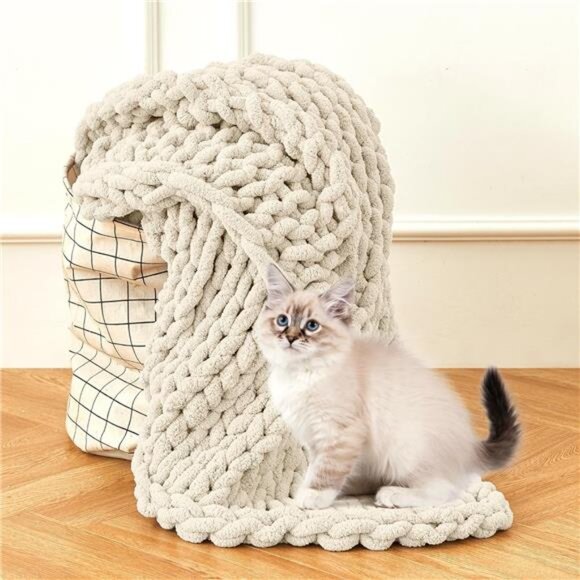 Chunky Knit Blanket Throw 51"x63", 100% Hand Knit Chenille Throw - Picture 6 of 7